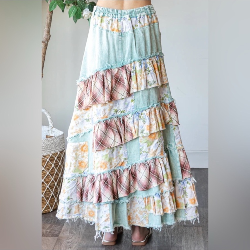 Oli & Hali Mint Plaid Floral Patchwork Ruffle Slit Denim Maxi Skirt - Picture 5 of 10